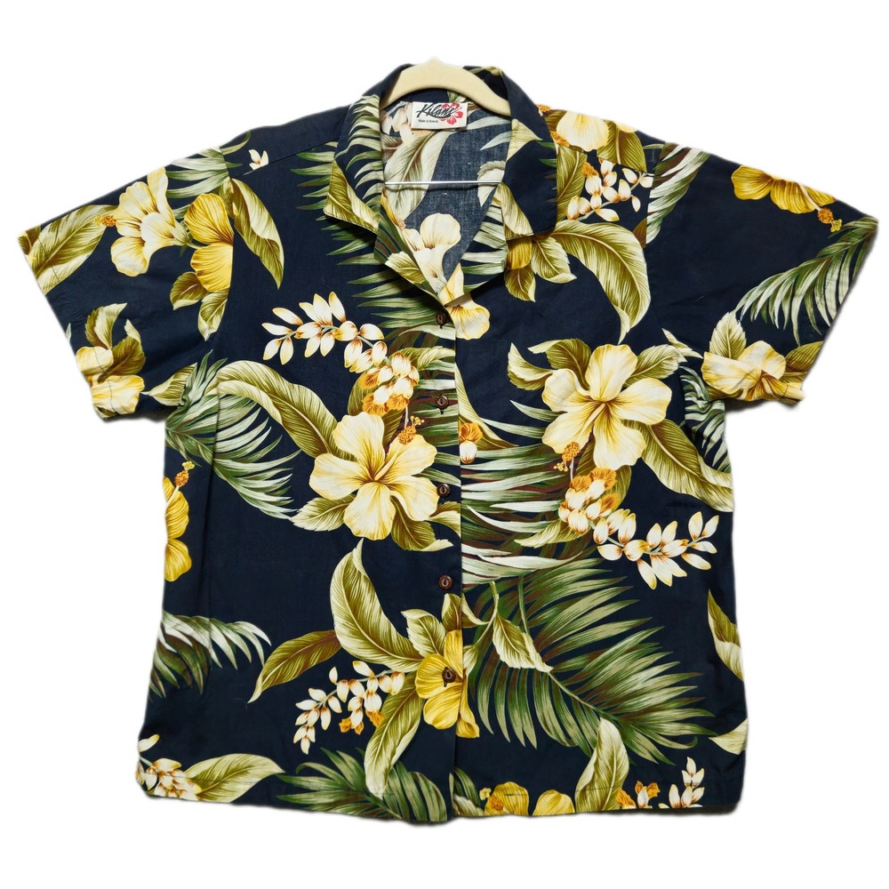Kilani Hawaiian Shirt Womens Large Navy Blue Floral Hibiscus Cotton Made Hawaii